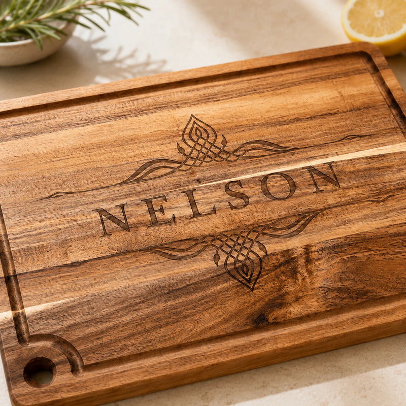 Personalized Acacia Cutting Board with Drip Ring
