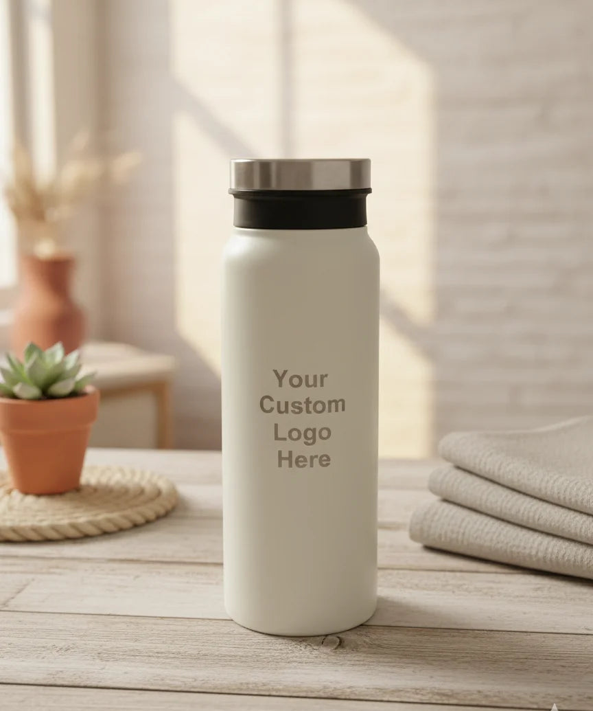 White insulated bottle with customizable logo on a wooden surface with a neutral background