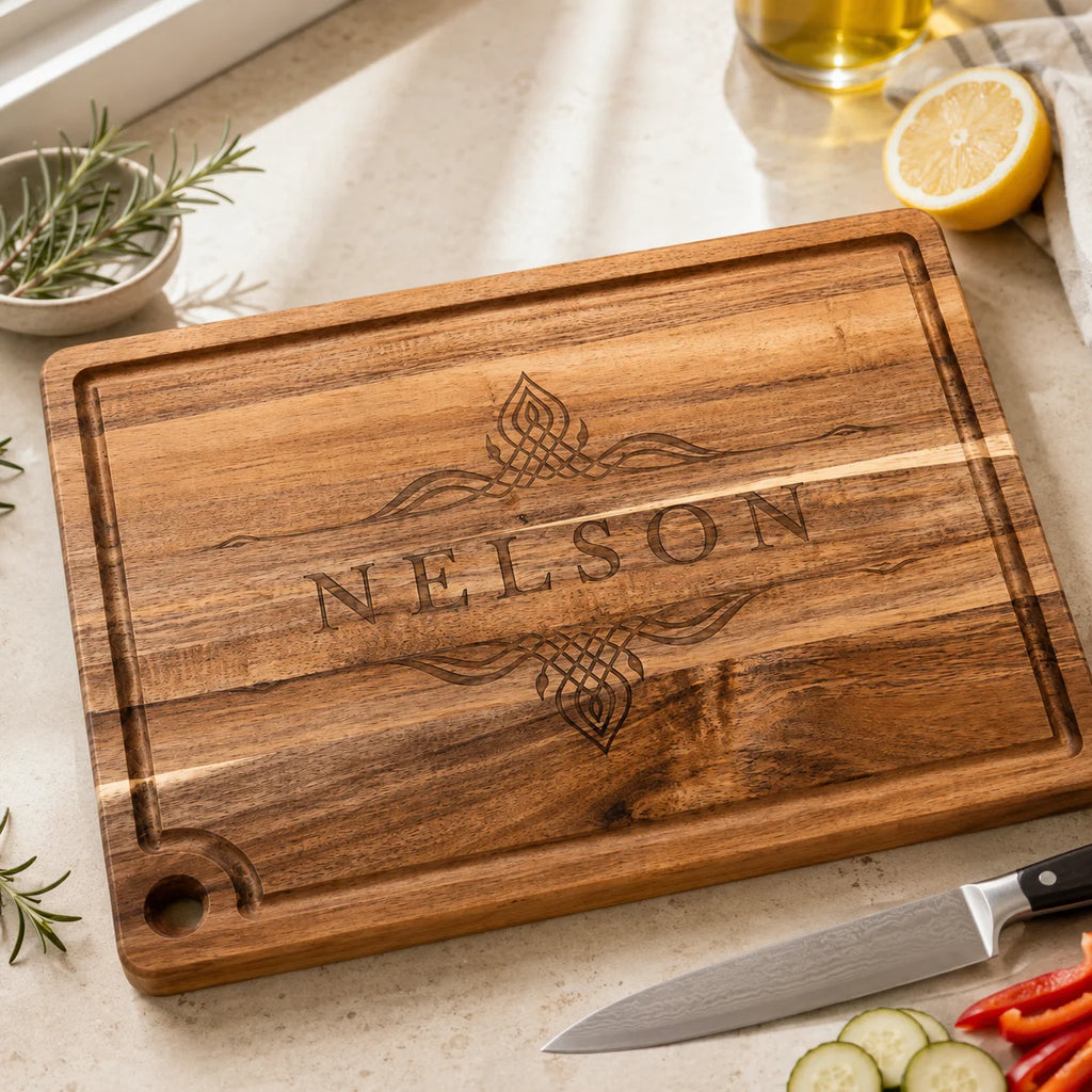 Personalized Acacia Cutting Board with Drip Ring, view 2