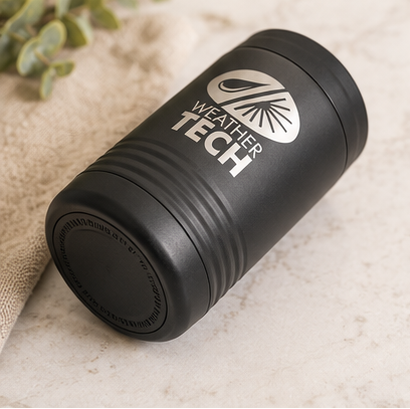 A 3x3 collage showing a matte black insulated tumbler from multiple angles, with a silver can sometimes beside it. The tumbler has a white printed logo and the words 'WELLNESS TECH.