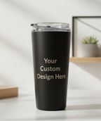 Black tumbler with 'Your Custom Design Here' text on a light background