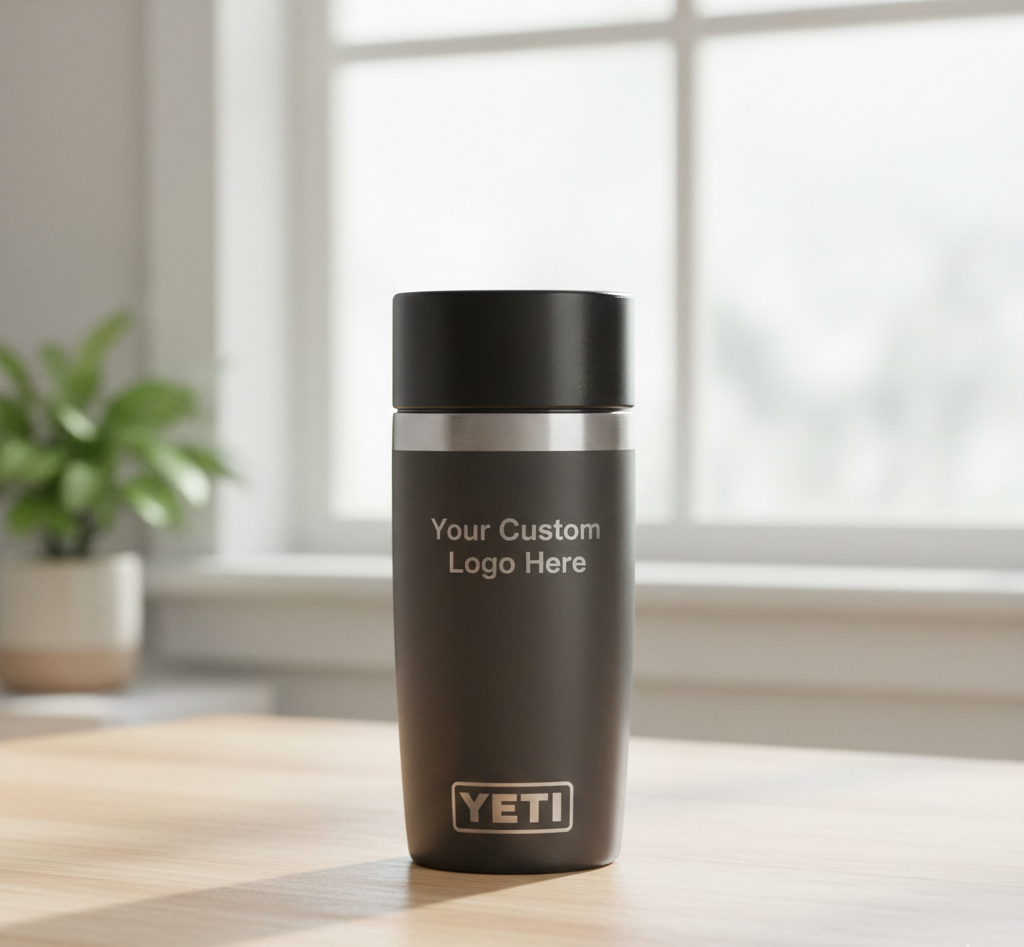 YETI mug with customizable logo on a wooden surface