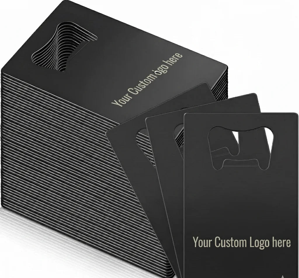 Stack of black metal bottle openers with customizable logos on a white background