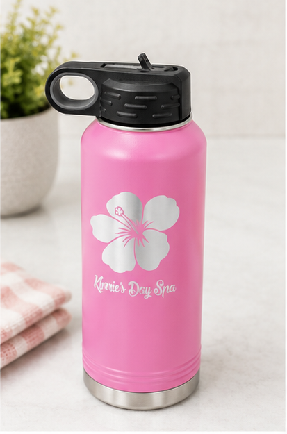 Six-panel collage showing a pink insulated water bottle from multiple angles. The bottle has a black flip-top lid, a silver hibiscus flower graphic, and the text 'Kier's Day Spa' printed near the bottom.
