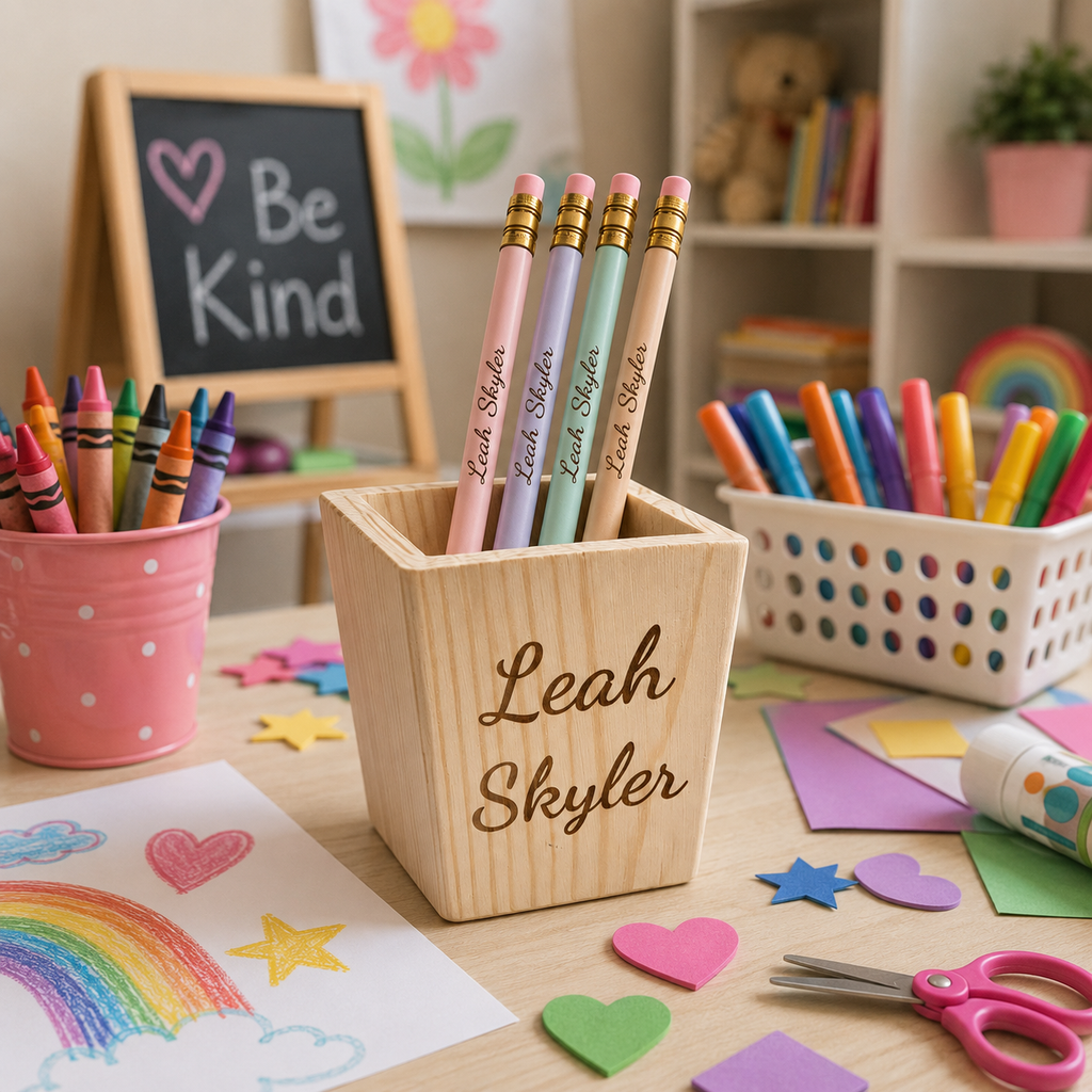 Customizable Wooden Pencil &  Holder with Personalized Name