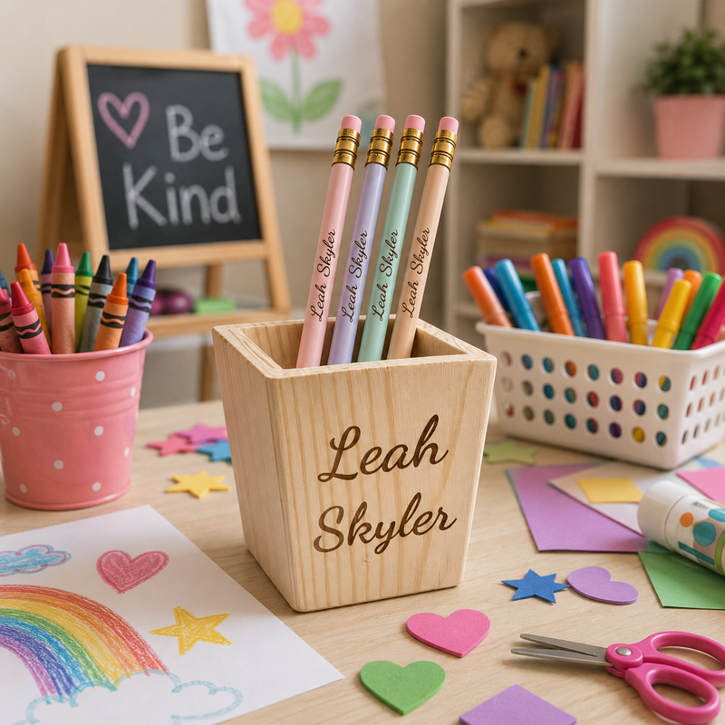 Customizable Wooden Pencil & Holder with Personalized Name, view 4