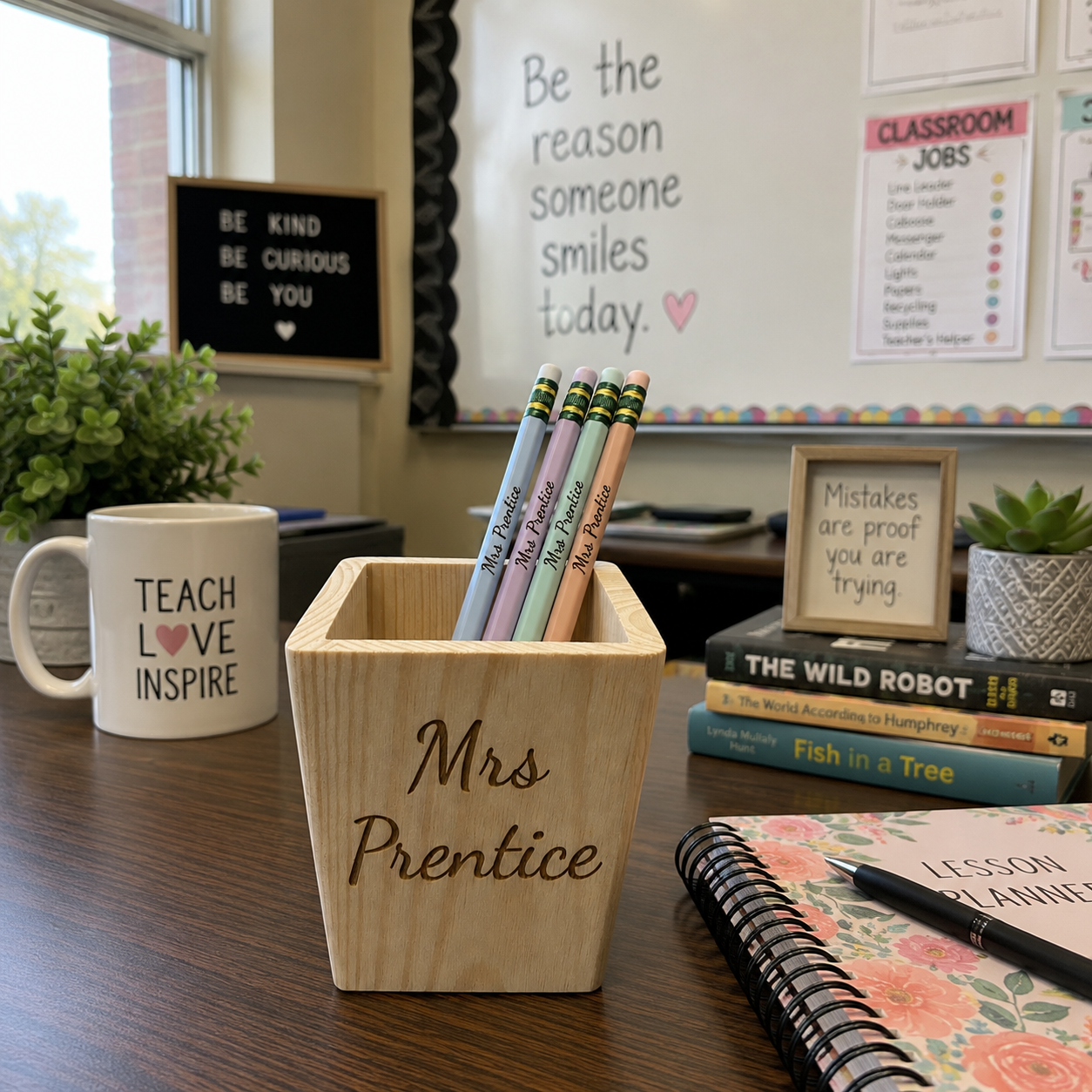 Customizable Wooden Pencil &  Holder with Personalized Name