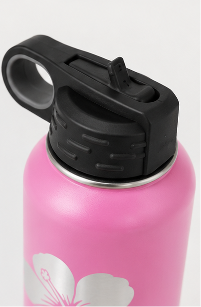 Six-panel collage showing a pink insulated water bottle from multiple angles. The bottle has a black flip-top lid, a silver hibiscus flower graphic, and the text 'Kier's Day Spa' printed near the bottom.