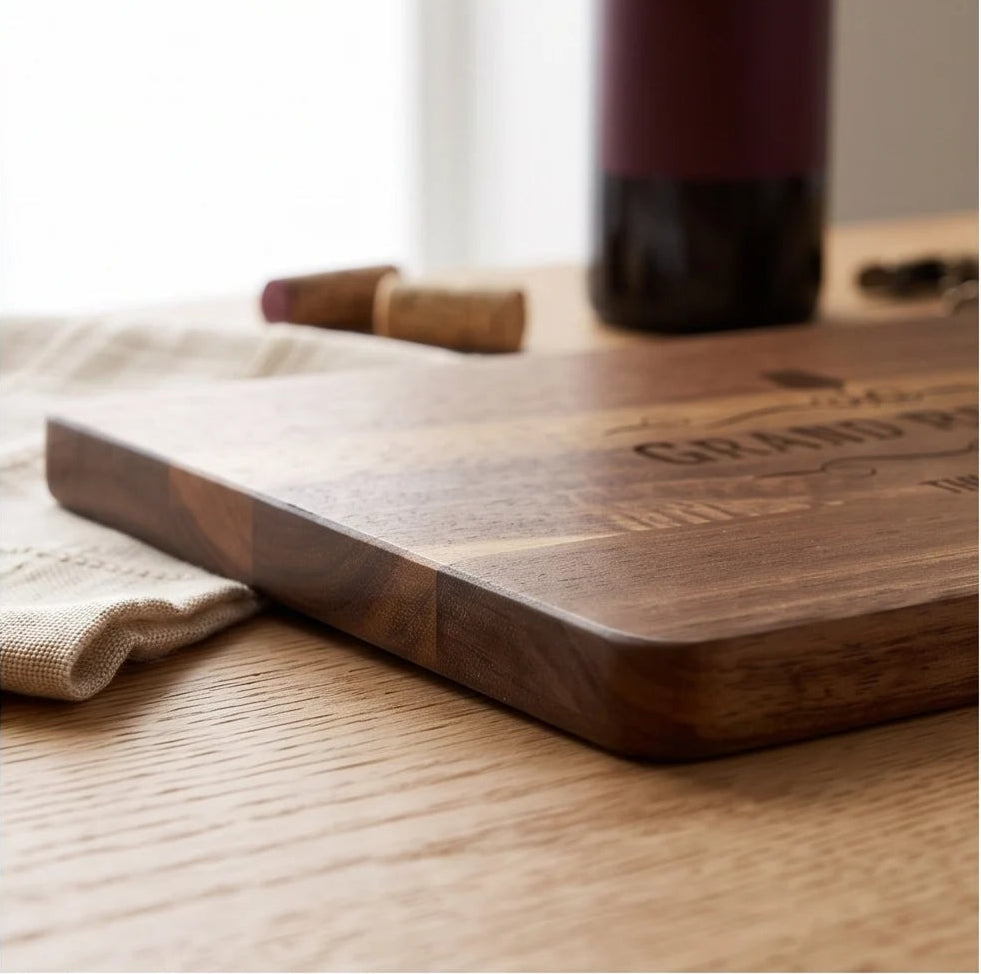 A four-panel collage showing a wooden cutting board engraved with 'GRAND RESERVE THE CORK WINE BAR' and a wine glass icon. The board is shown from multiple angles on a wooden table with corks, a bottle, and a corkscrew nearby.