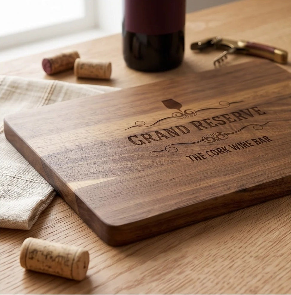 A four-panel collage showing a wooden cutting board engraved with 'GRAND RESERVE THE CORK WINE BAR' and a wine glass icon. The board is shown from multiple angles on a wooden table with corks, a bottle, and a corkscrew nearby.