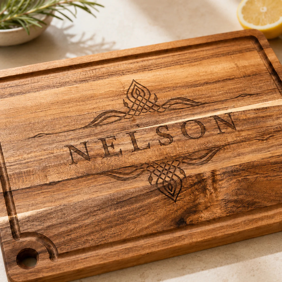 Personalized Acacia Cutting Board with Drip Ring, view 4