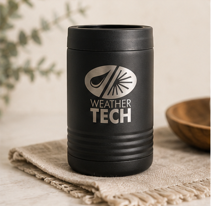 A 3x3 collage showing a matte black insulated tumbler from multiple angles, with a silver can sometimes beside it. The tumbler has a white printed logo and the words 'WELLNESS TECH.