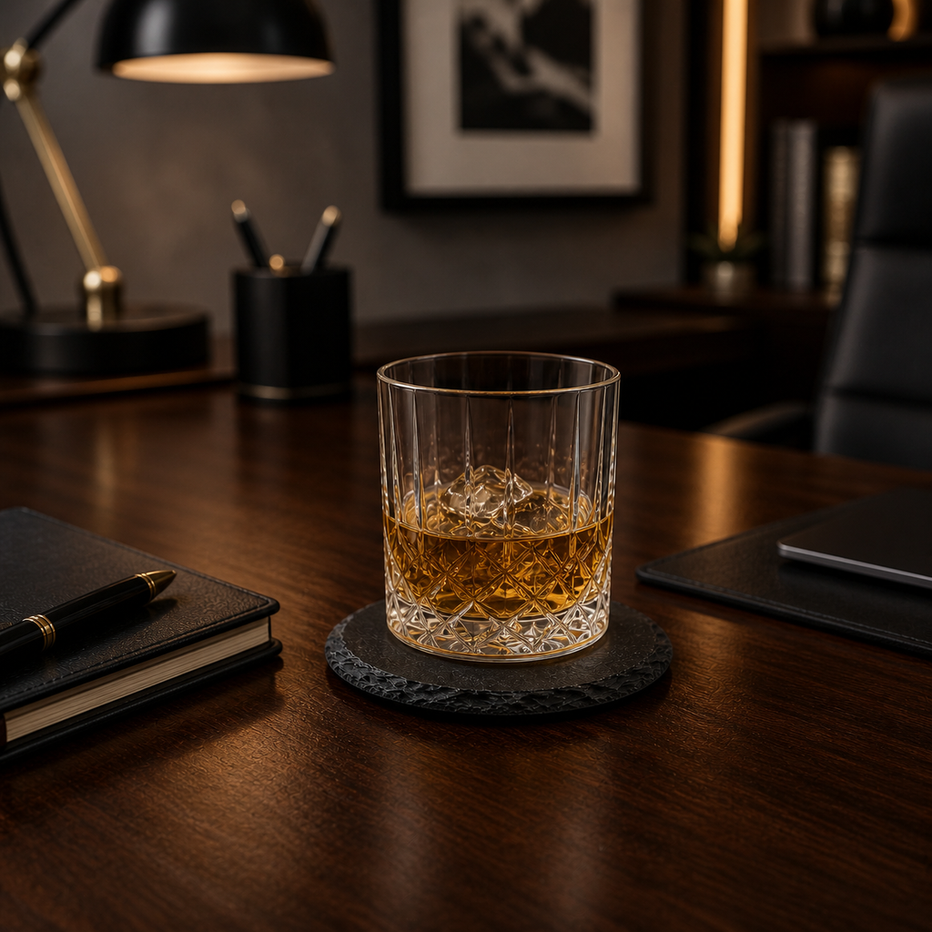 round laser engraved coaster with drink on desk