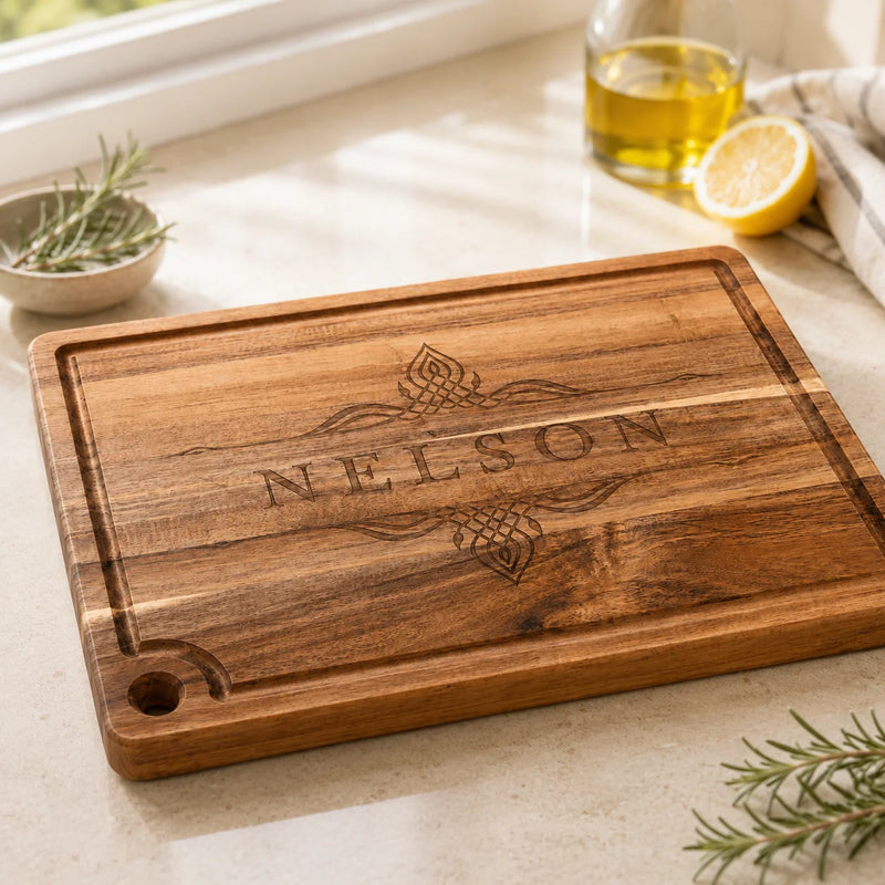 Personalized Acacia Cutting Board with Drip Ring, view 3